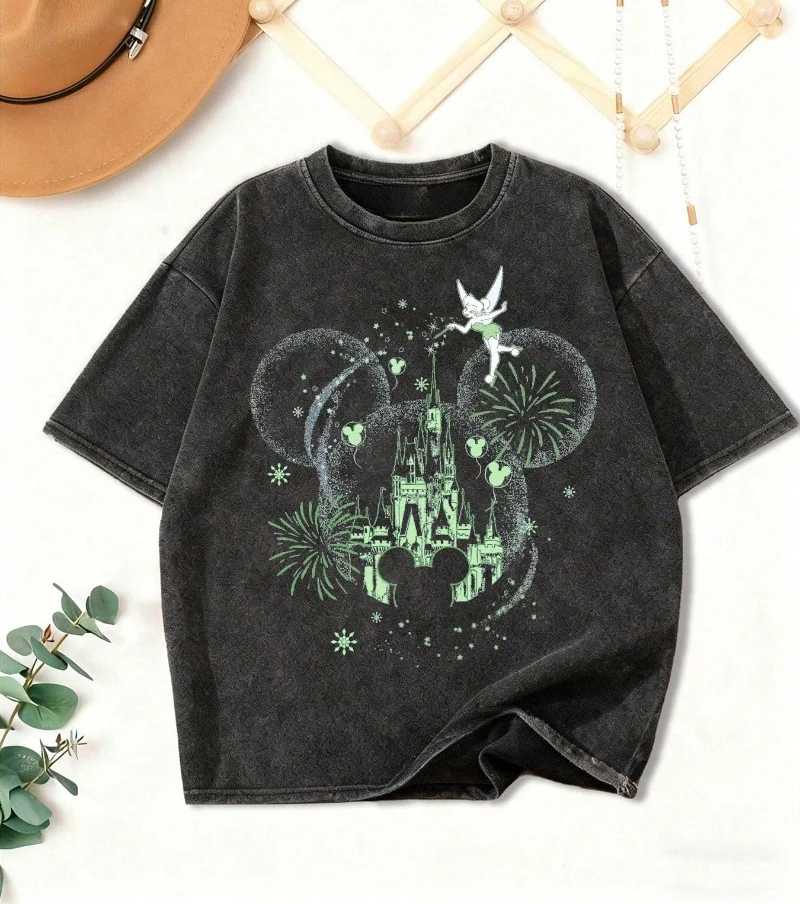 Autorización | Camiseta de Manga Corta para Mujer, 100% Algodón Lavado, con Estampado de Castillo La silueta de la cabeza sirve como referencia