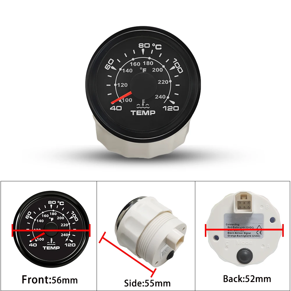 Rhaxel 52mm Water Temperature Meter 40-120 Degree with 8 Colors Backlight 12V 24V for Car Sailboat Fishing Boat