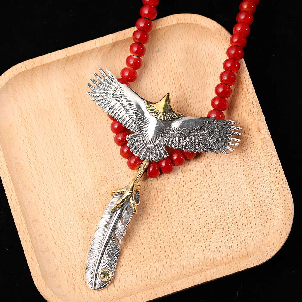 S925 Sterling Silver Takahashi Thai Silver Retro Red Glass Beads Deerskin Rope Necklace Flying Eagle Brass Claw Pendant GON079
