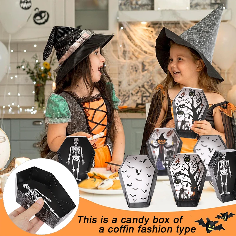 12pcs Halloween Coffin Shaped Candy Box Bat Pumpkin Skeleton Spider Pattern Baked Dessert Halloween Party Gift Packaging Box