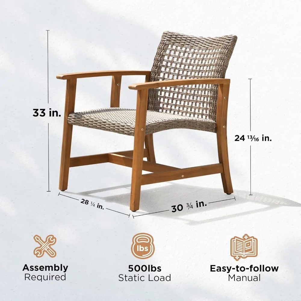 Chairs Set of 2, 500lbs Weight Support, Acacia Wood, FSC Teak Finish, UV Protected, Dynamic Gray Wicker, Ideal patios Gardens