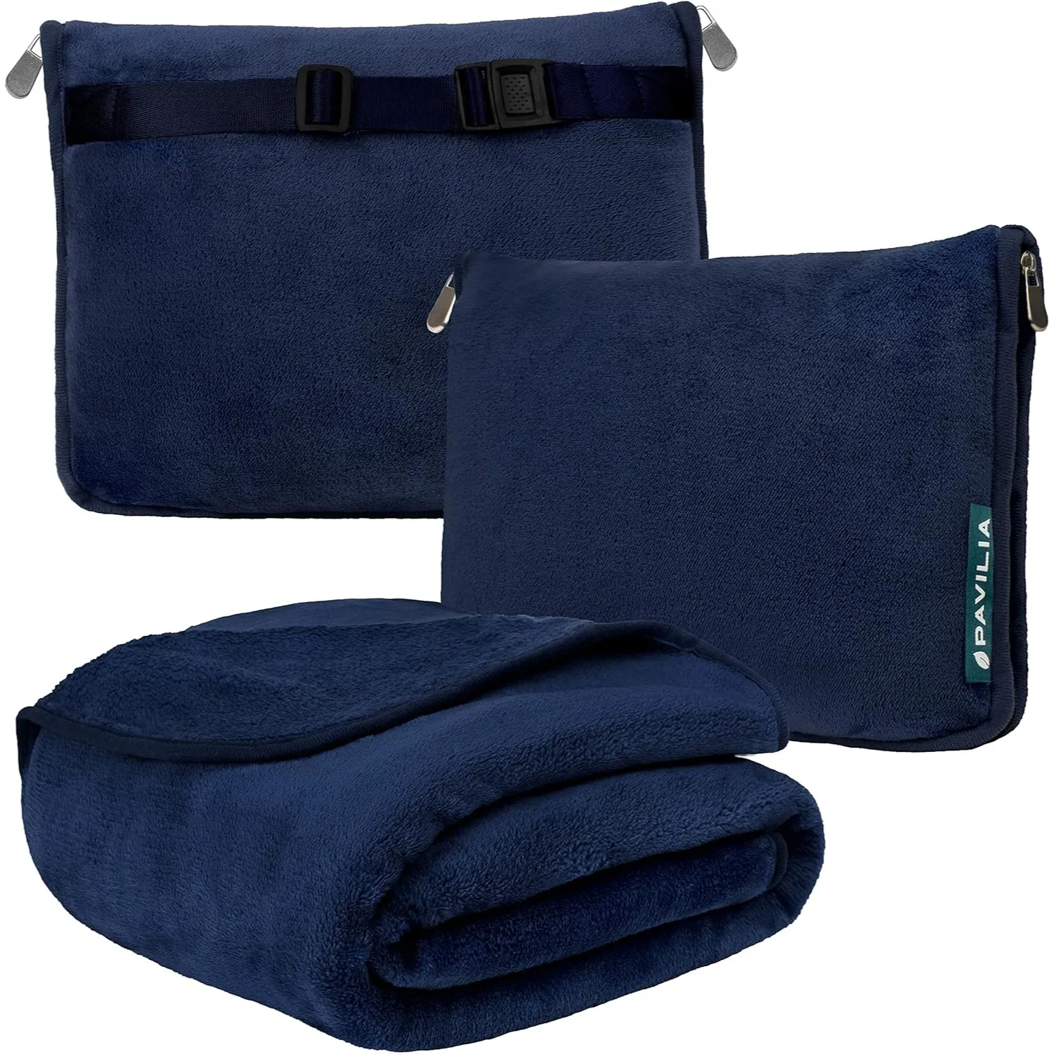 

Travel Blanket Pillow Set, Soft Airplane Blanket 2-in-1, Compact Packable Flight Essentials with Luggage Strap, 60x43 Navy