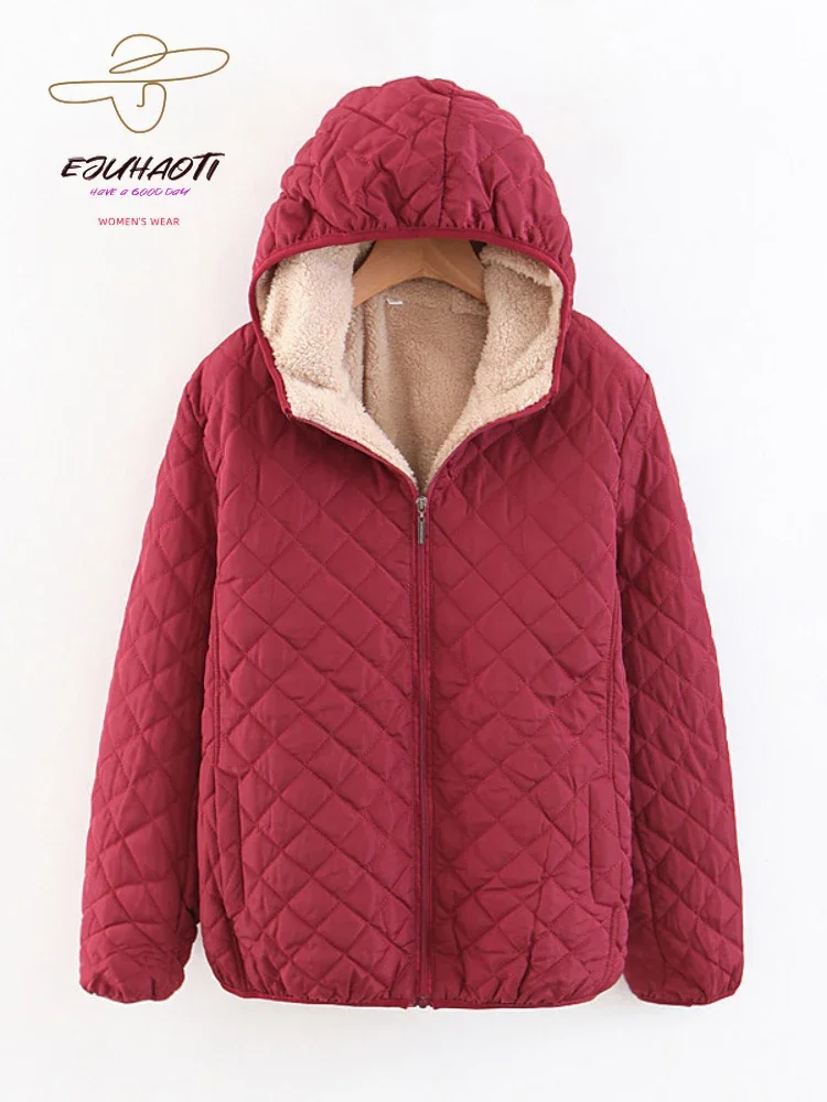 Women\'s Jacket 2024 New Parkas Winter Korean Fashion Slim Check Hooded Binding Off Warm Cotton Clothes Oversize Women Coat Tops