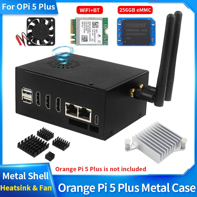 Orange Pi 5 Plus Metal Case with Fan Optional Antenna Aluminum Heatsinks eMMC WiFi BT Moudul Metal Shell for Orange Pi 5 Plus