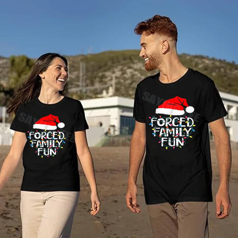 Forced Family Fun Sarcastic Christmas Funny T-Shirt Y2k Xmas Lights Pun Saying Tee Novelty Gifts Santa Claus Costume Pajamas