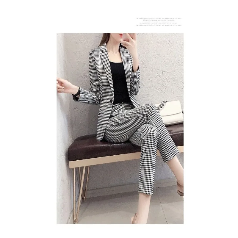 Primavera e outono nova moda xadrez terno conjunto para temperamento feminino manga comprida terno calças conjunto de duas peças