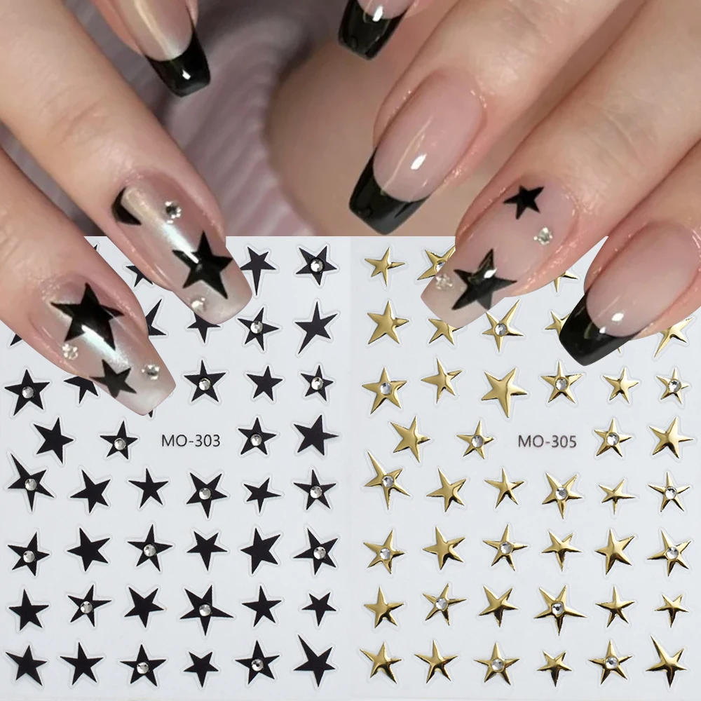 2pcs 3D Nail Art Stickers With Shiny Rhinestones Black Gold Stars Heart Strips French Nails Tips Nail Decals DIY Manicure Decor