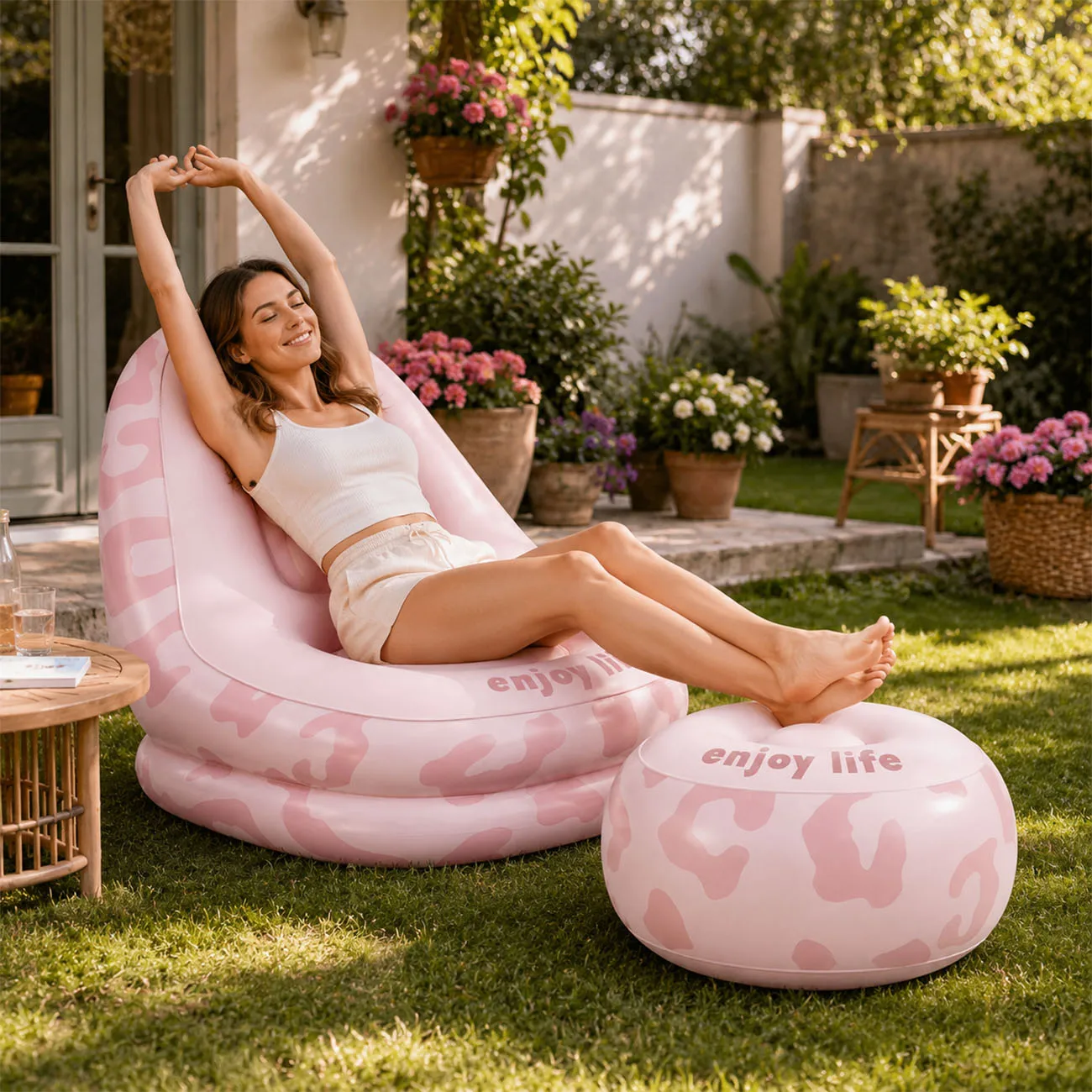 1PC Lazy Inflatable Lounge Chair Pvc Flocking Sofa with Foot Stool Folding Portable Outdoor Camping Air Couch Sofa