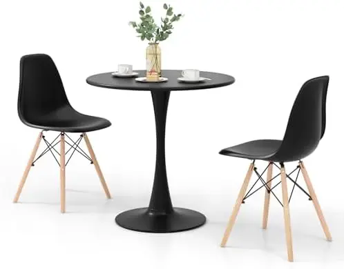 

3-Piece Round Dining Set for 2, 32' Table & 2 Chairs, Black, Small Space