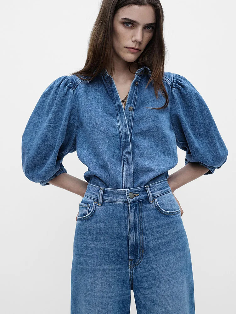 

Новое весеннее поступление, женский дизайн Sense, ретро джинсовый воротник-стойка, пышный све irt Street Sle, стандартный крой Seven Sve Long