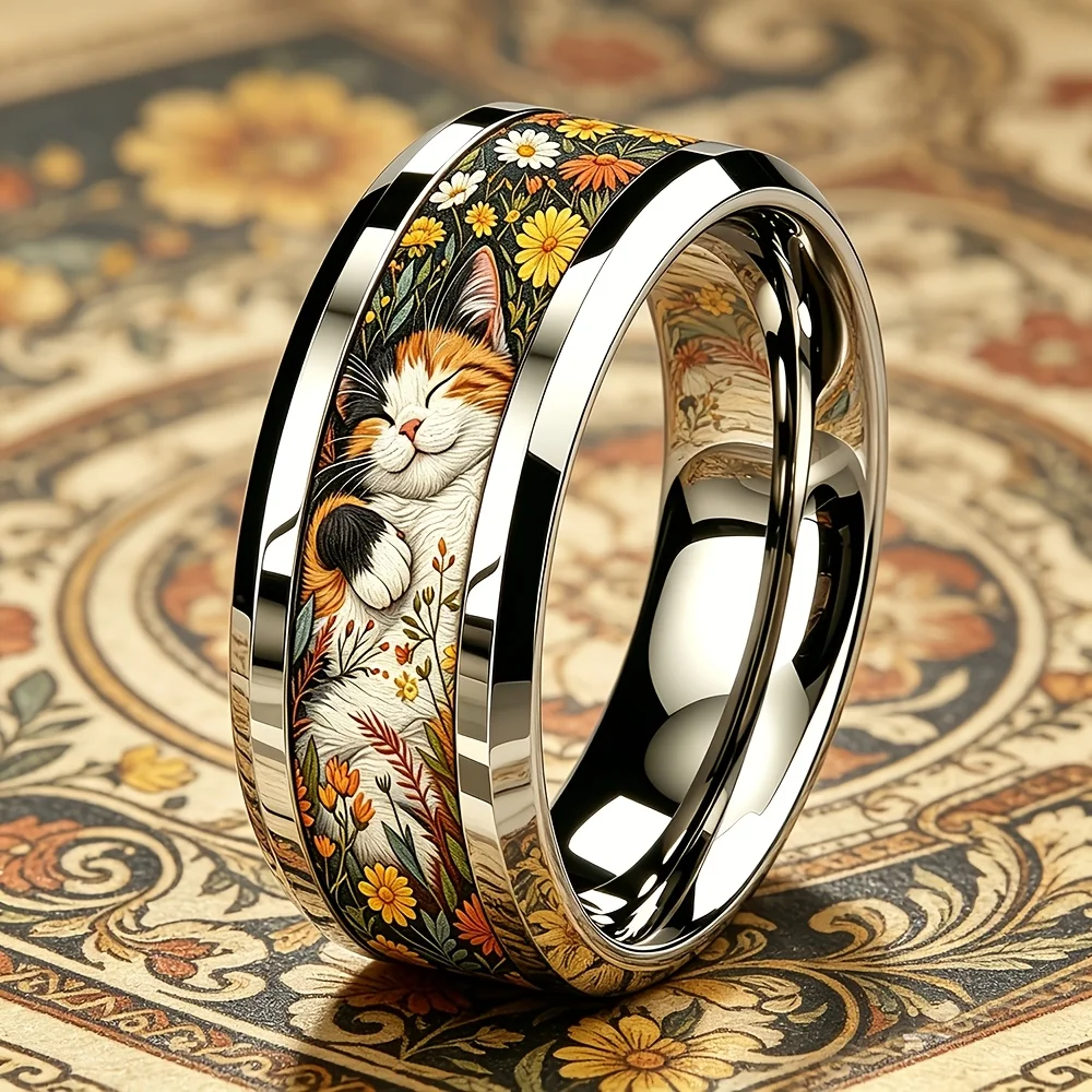 Niedlicher schlafender Calico-Katze & Wildgänseblümchen-Blumen-Intarsienring Elegante Edelstahlringe für Frauen Männer Hochzeit Party Schmuck Geschenk – Detail 2