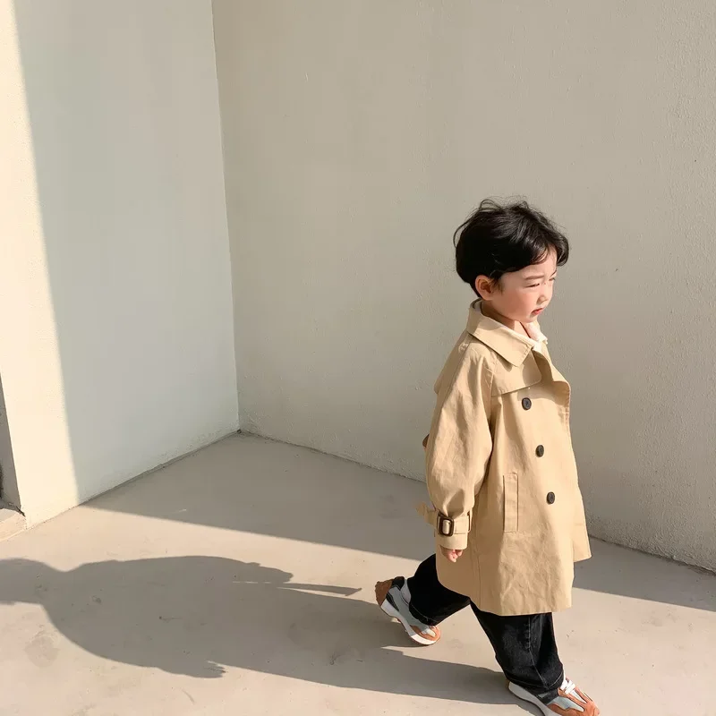 Kids Trench 2024 Spring Autumn New Fashion Korean Version Preppy Style Casual All-match Fashion Solid Turn-down Collar