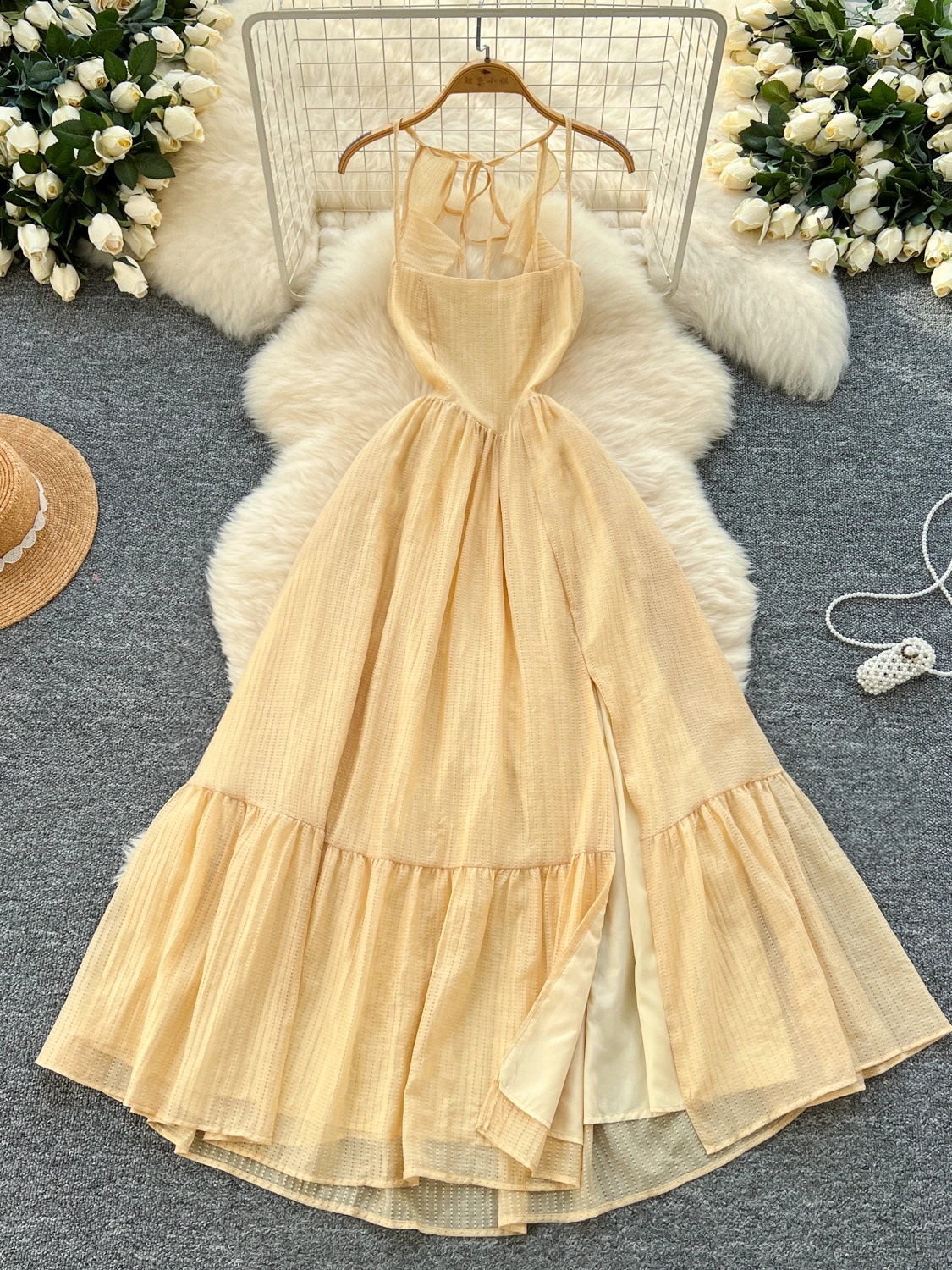 

Holiday Beach Backless Slit Dress Women Summer Sleeveless Spaghetti Strap Casual Fashion Long Dress Evening Party Dresses
