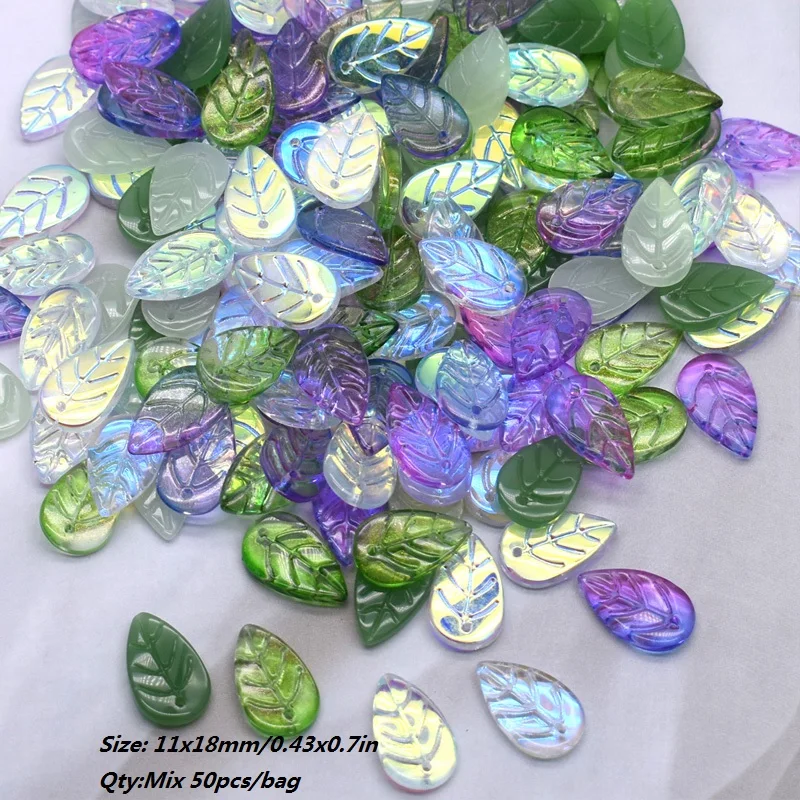 11x18mm 50pcs/Bag Green Glass Tree Leaves Charms Leafs Beads Pendants For Jewelry Making Handmade Glass Crafts Bracelet Earring