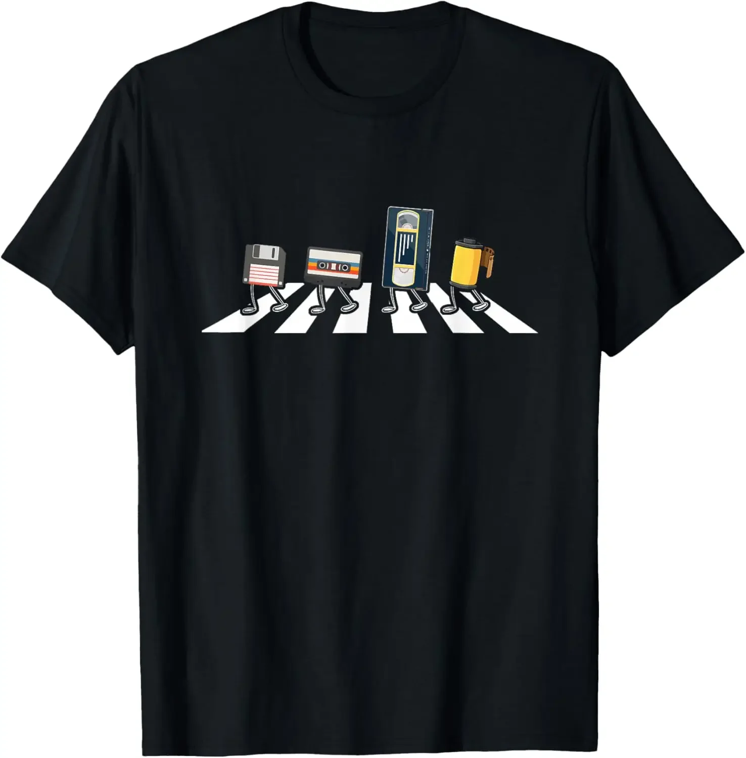 

Retro Tech Walk Graphic Tee Floppy Cassette VHS Film Photography T-Shirt Men's Cotton Crewneck