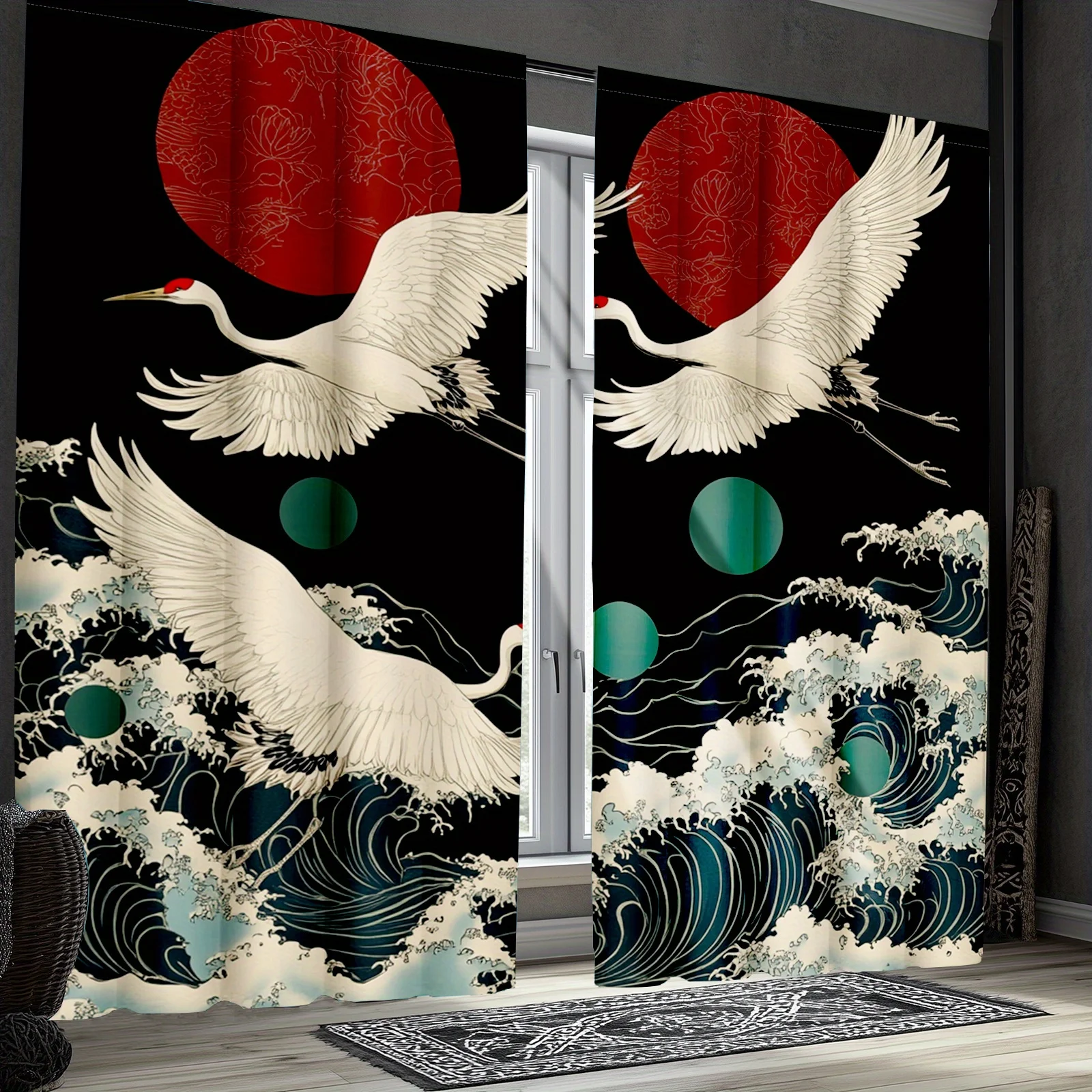 

2pcs Asian Japanese Style Curtains, Vintage Bird Flower Crane Wave Polyester Fabric Curtains for Bedroom, Living Room, Kitchen