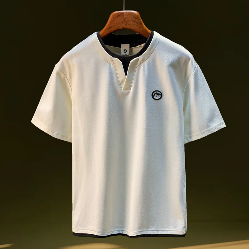 

Summer T-shirt men's trendy knitted embroidered small V-neck fake two piece stacked short sleeve breathable thin top