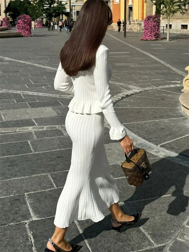 فستان ماكسي محبوك مكشكش للنساء فستان حفلات بفتحة رقبة على شكل v أنيق مرقع وأكمام طويلة فستان تريكو نسائي