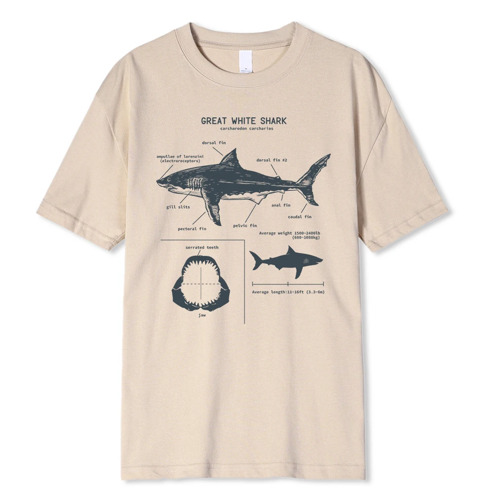 Great White Shark Anatomy T-Shirt New Summer Men Street Short Sleeve Hip Hop Punk Style Boy Casual Tops Fashion White Tees