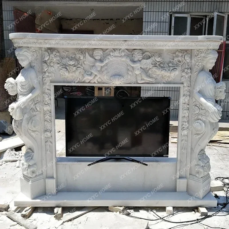 A European fireplace TV cabinet marble mantel stone carving carved TV cabinet stone