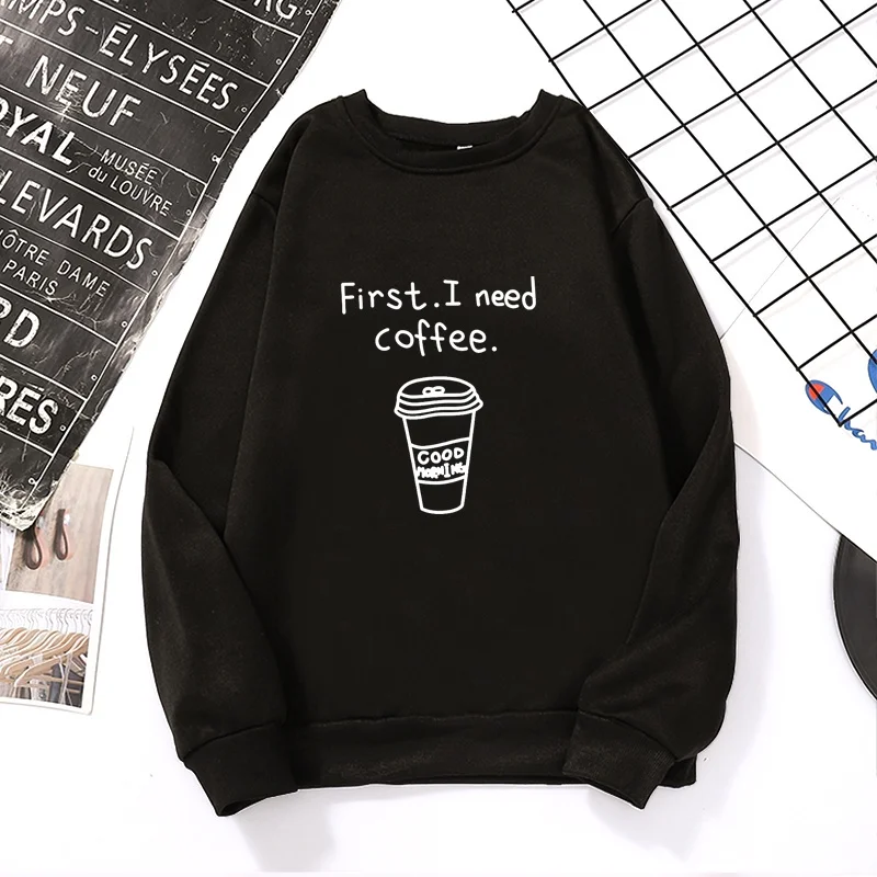 Women Fashion Solid Color Coffee Cup Hoodless Regular Sweater Spring and Autumn Regular Couple Student Pullover Long Sleeve Top