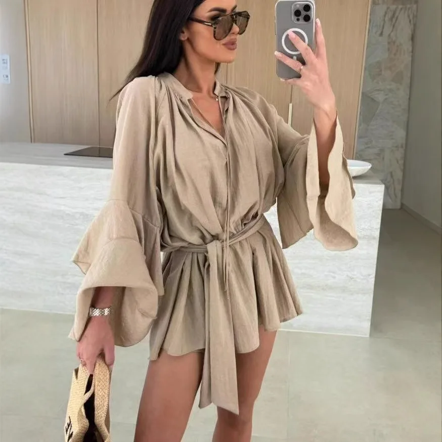 Casual Loose Flared Sleeves Dresses For Women 2025 Fashion Deep V-neck Pure Color Mini Dress Spring Summer Lace Up Robe Femme - Image 2