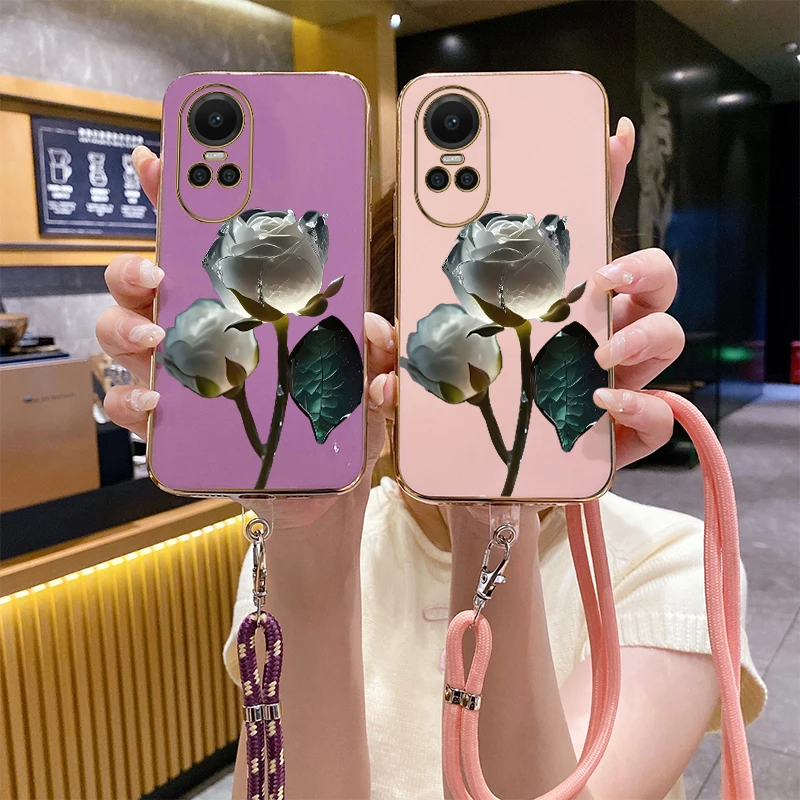 R eno 10 White Rose Luxury Plating Phone Case For OPPO Reno 7 8Pro 8 9 9Pro 10Pro 10 11 12 K12X 6Z 9 ProPlus 8T K12 K11 Cover