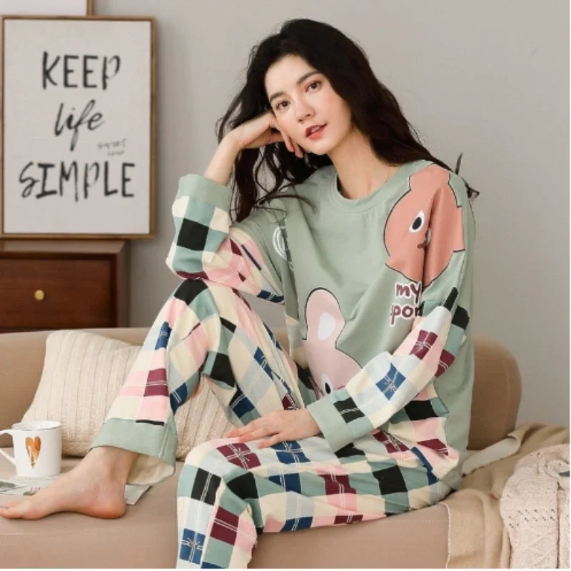 Pijama de manga comprida para mulheres, roupas simples para casa, terno solto, plus size, casacos, primavera e outono