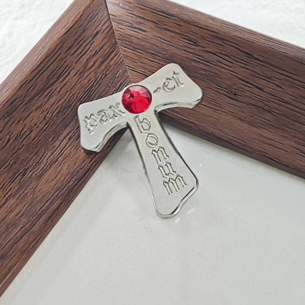 Franciscan Tau Cross Metal Brooch Pax Et Bonum Latin Badge Red Rhinestone Crystal Cross Pin Catholic Religious Jewelry Church Gi