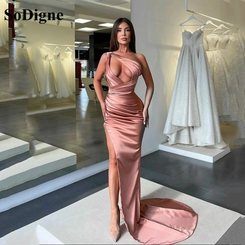 

SoDigne Long Mermaid Slit Evening Dresses 2022 Sexy One Shoulder Satin Party Gowns Dubai Prom Dress Gowns Robe De Soiree