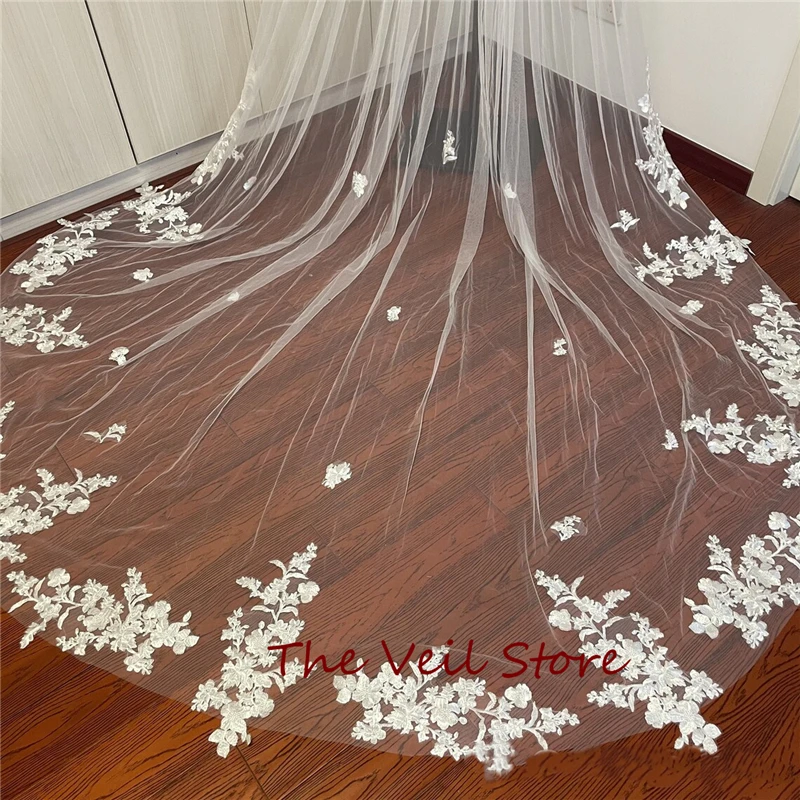 Single Layer White I vory Bridal Lace Appliques Floral Wedding Veils With Comb For Brides Cathedral Long Accessories Flowers