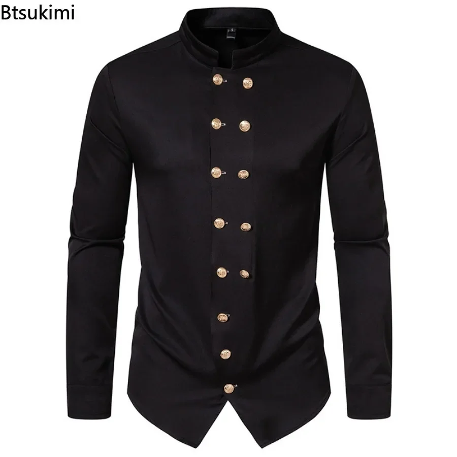 2024 Nieuwe Mannen Lange Mouwen Retro Double Breasted Casual Tops Mannen Stand Kraag Henry Shirts Mannelijke Kleding Chemise homme