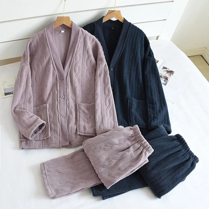 New autumn and winter couples pajamas, long-sleeved trousers, flannel thickening and velvet home service suits for men and women