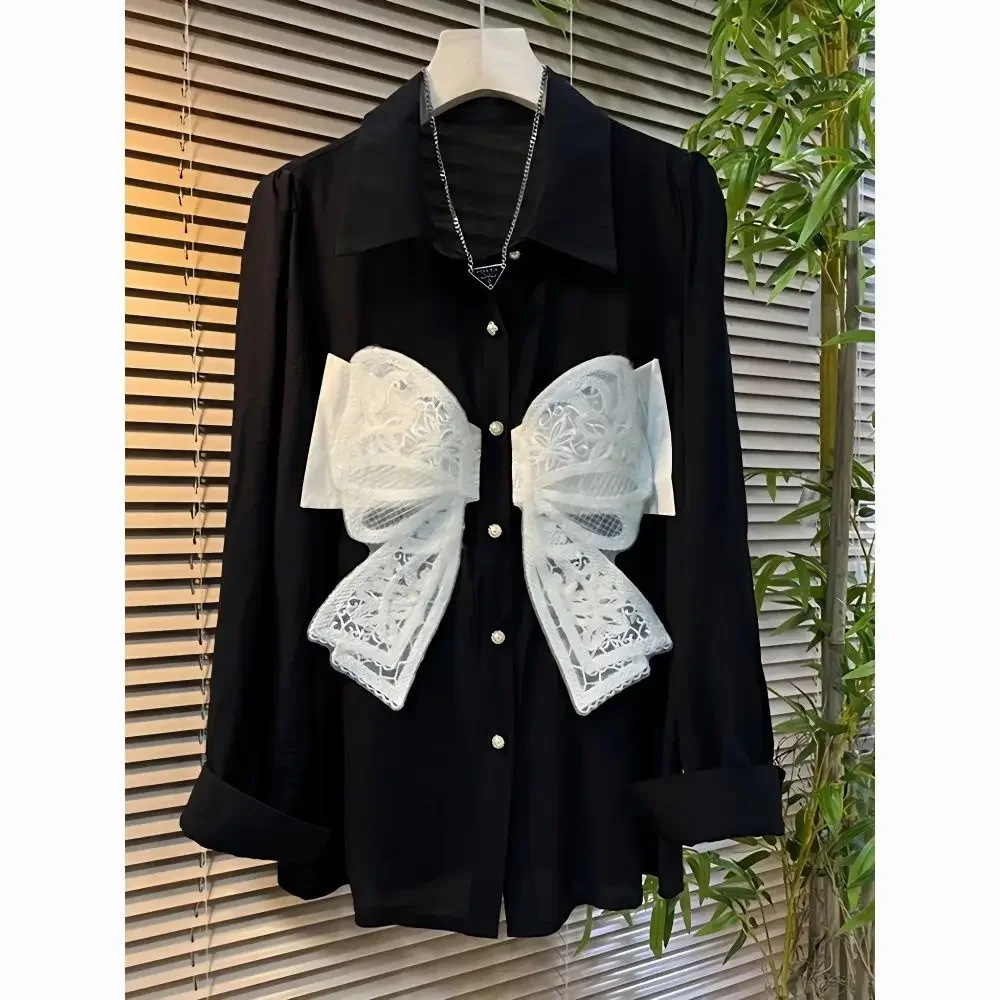 Women Clothing Vintage Bow Fashion Cardigan Spring Autuon Sweet Gothic Shirts Female Oversized Loose Tunics Streetwear E188