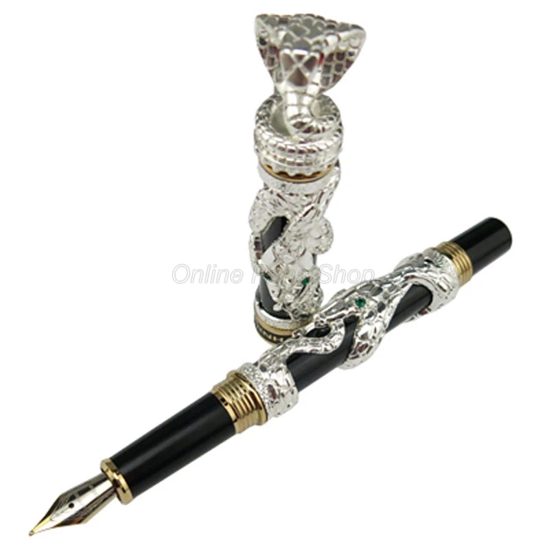 

Jinhao Ancient Silver 3D Snake Cobra Texture Relief Sculpture Medium Nib Fountain Pen Gold Trim Professional Office Stationery