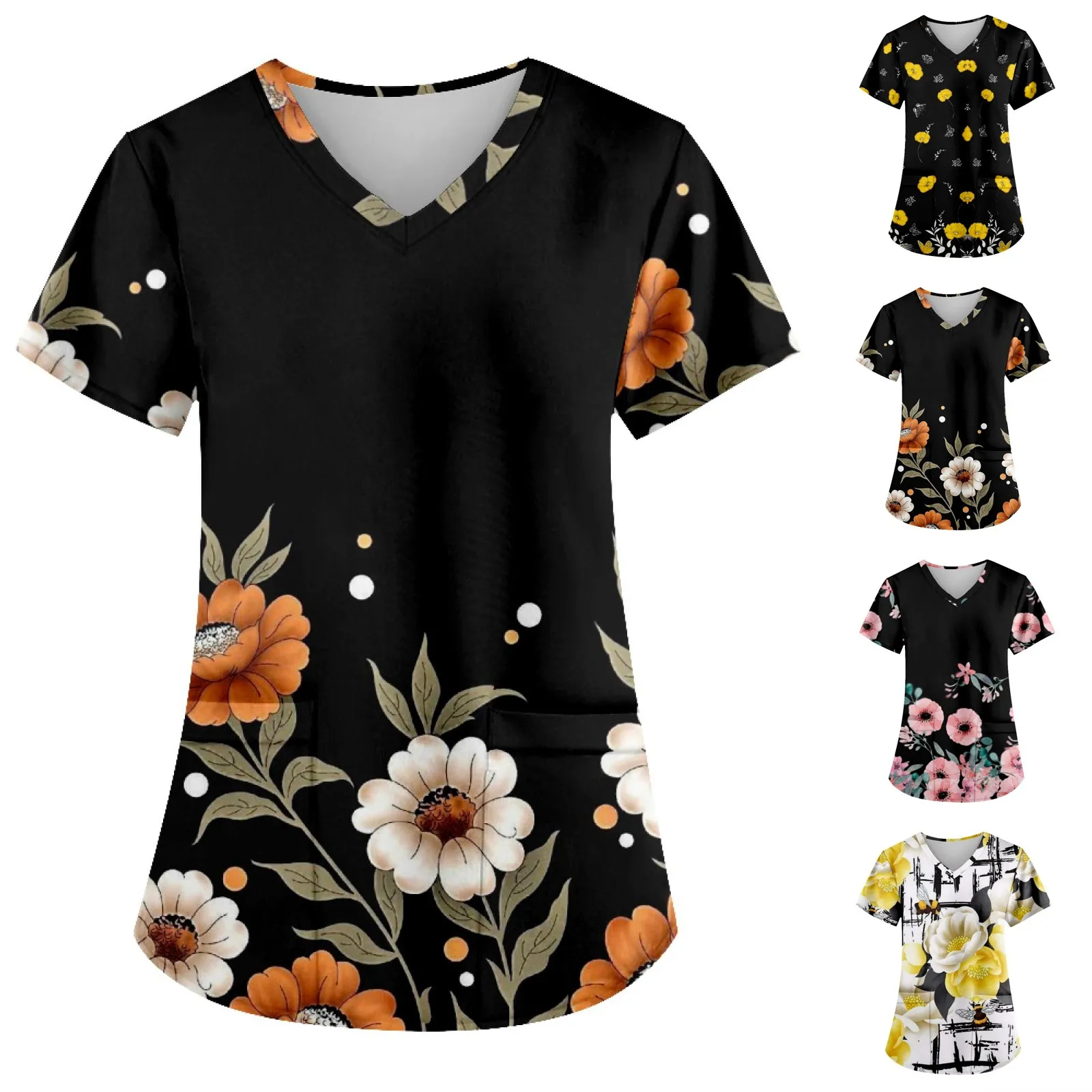 Women'S Nurse Uniforms Fashionable Floral Printed V-Neck Work Uniform With Pockets Tee Shirt Short Sleeve Top 2024 Summer