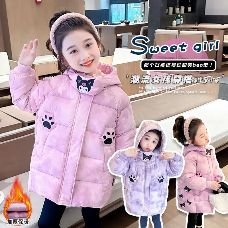 Winter Kawaii Kuromi New Kids Clothing Girls Cartoon Fashion Princess Long-Style Hooded Jacket Anime Thicken Warm Cute Coat Gift