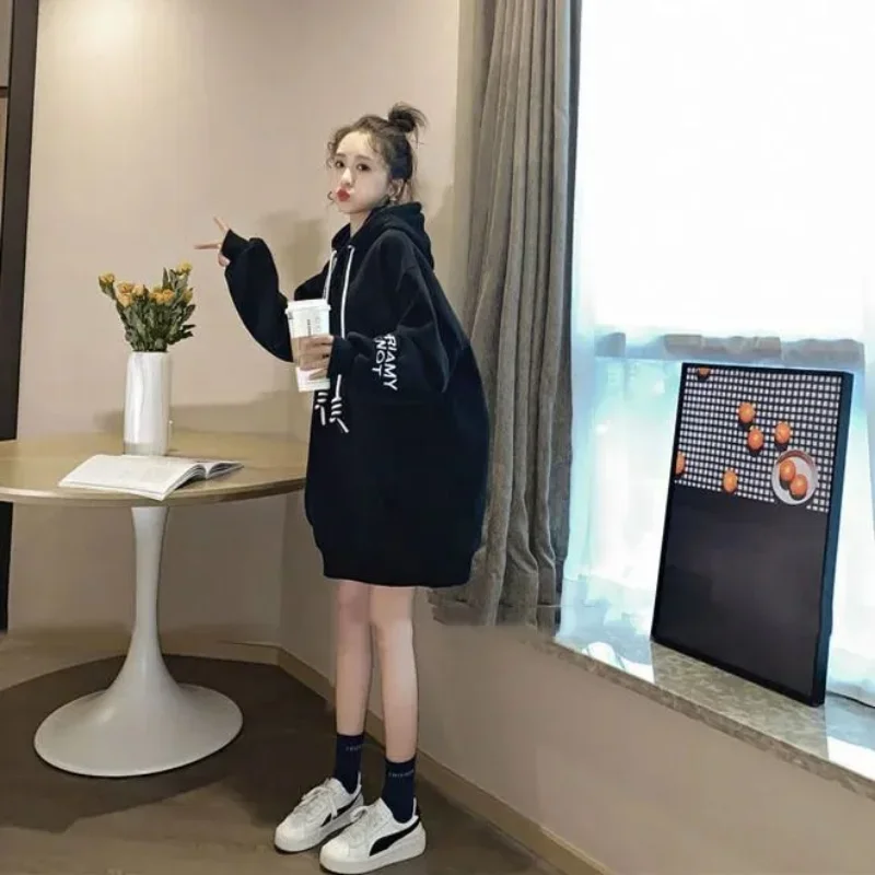 Streetwear Fleece Hooded Dress Y2K Korean Solid Long Sleeve Mini Dress Women Clothing Autumn Winter Letter Embroidery Oversized