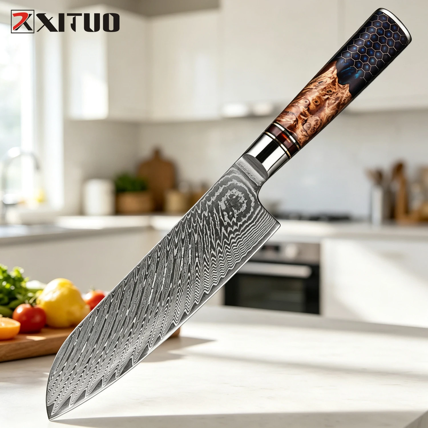 

XITUO Damascus Steel Santoku Knife, Professional Japanese Chef Knife for Meat Vegetable Cutting, Sharp Kitchen Cooking Knife