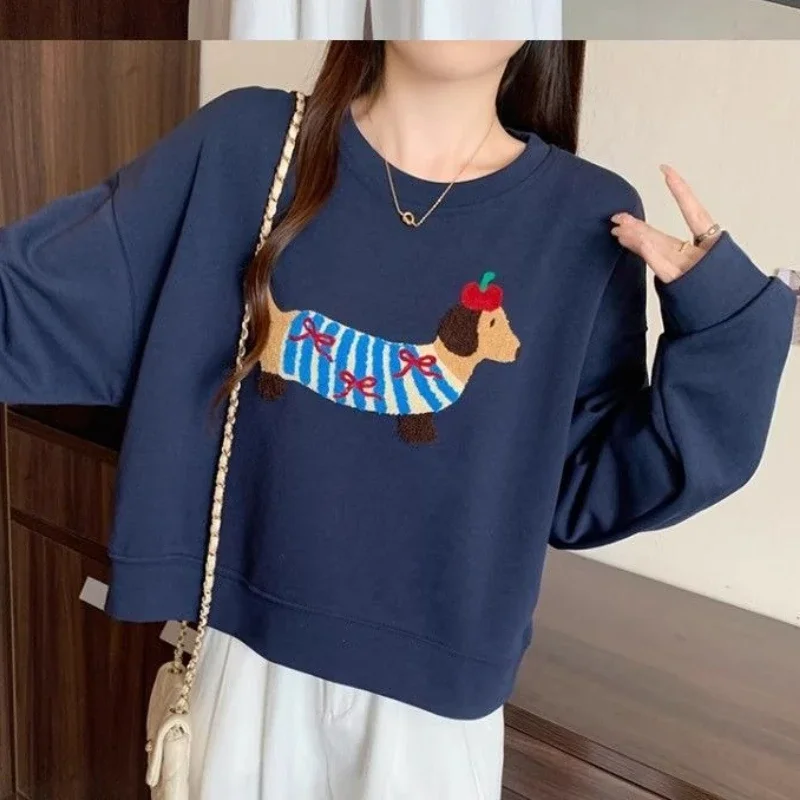 

Винтажный корейский милый щенок с вышивкой, темно-синий свитшот для женщин, кавайная уличная одежда, повседневные модные толстовки для девочек-подростков, женские топы