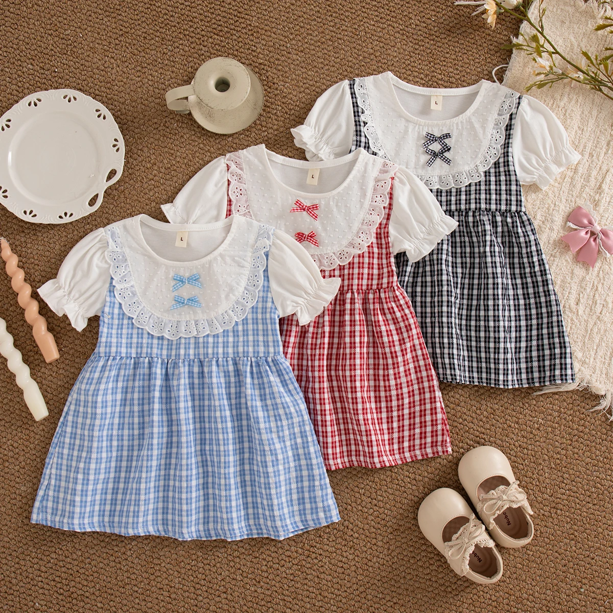 Sommerkleid für Babymädchen, rot kariert, mit Schleifen-Spitzenkragen, Puffärmeln, Baumwollkleid, koreanisches Outfit für Geburtstagsfeiern