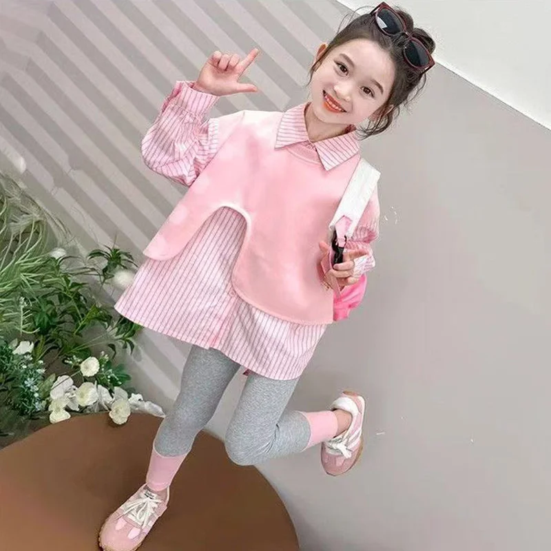 Girls Fashion Striped Sets Spring Autumn New Long Sleeve Shirt+leggings 2Pcs Kids False Two Piece Shirt Outfits Children Clothes