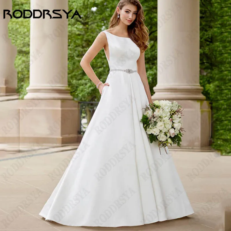 RODDRSYA Simple Scoop Neck Bride Gowns Sleeveless Spaghetti Straps Wedding Dresses Backless Button Satin Robe Mariée Custom Made