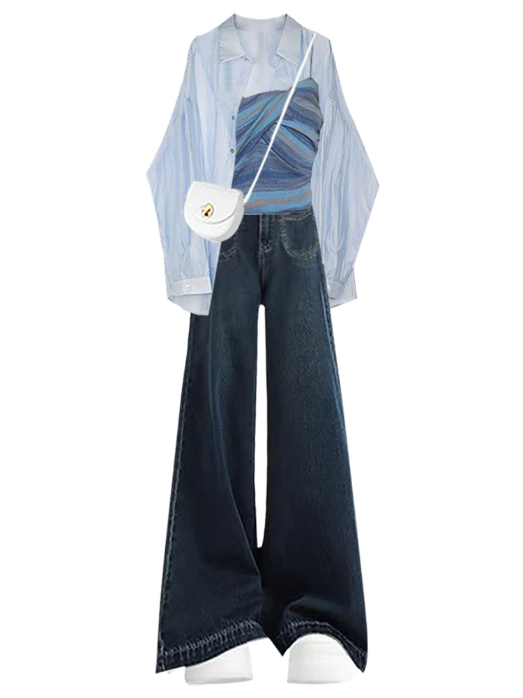 Gestreepte bal crop top en hoge taille wijde pijpen jeans set dames zomer luie sle zonbescherming split irt kraag b...