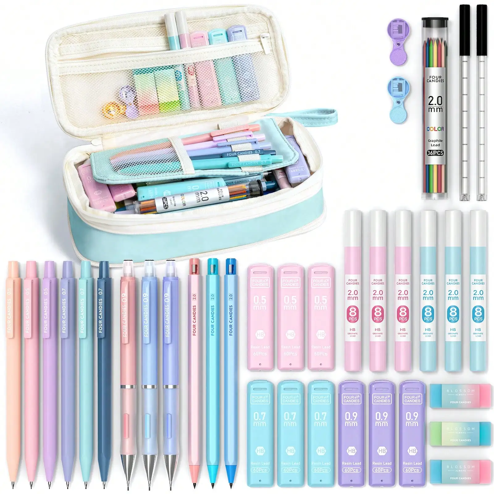 Four Candies 36PCS Mechanical Pencil Set, 0.5-2.0mm Lead Refills School Stationery Gift