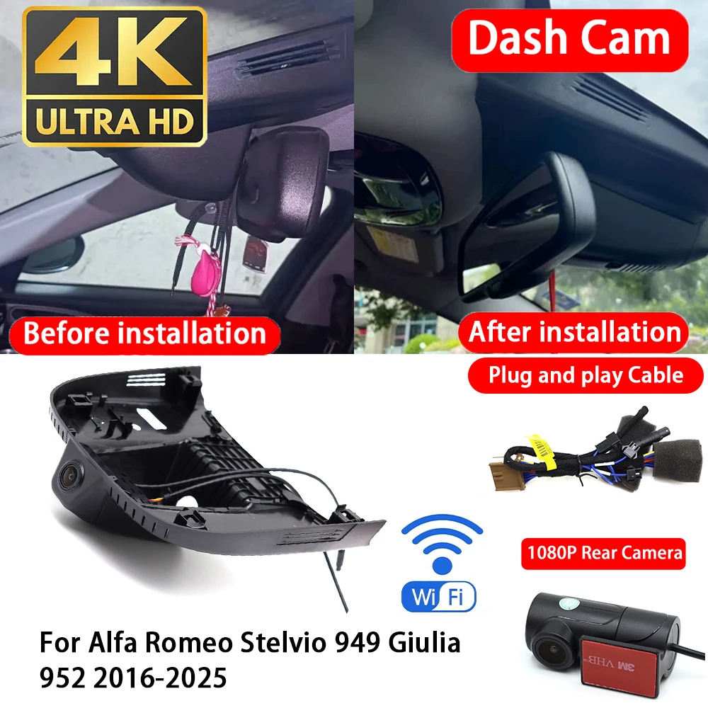 for Alfa Romeo Stelvio 949 Giulia 952 2016-2025 4K 2160P Dash Cam Front Rear Car Camera DVR Wifi Plug & Play Video Recorder