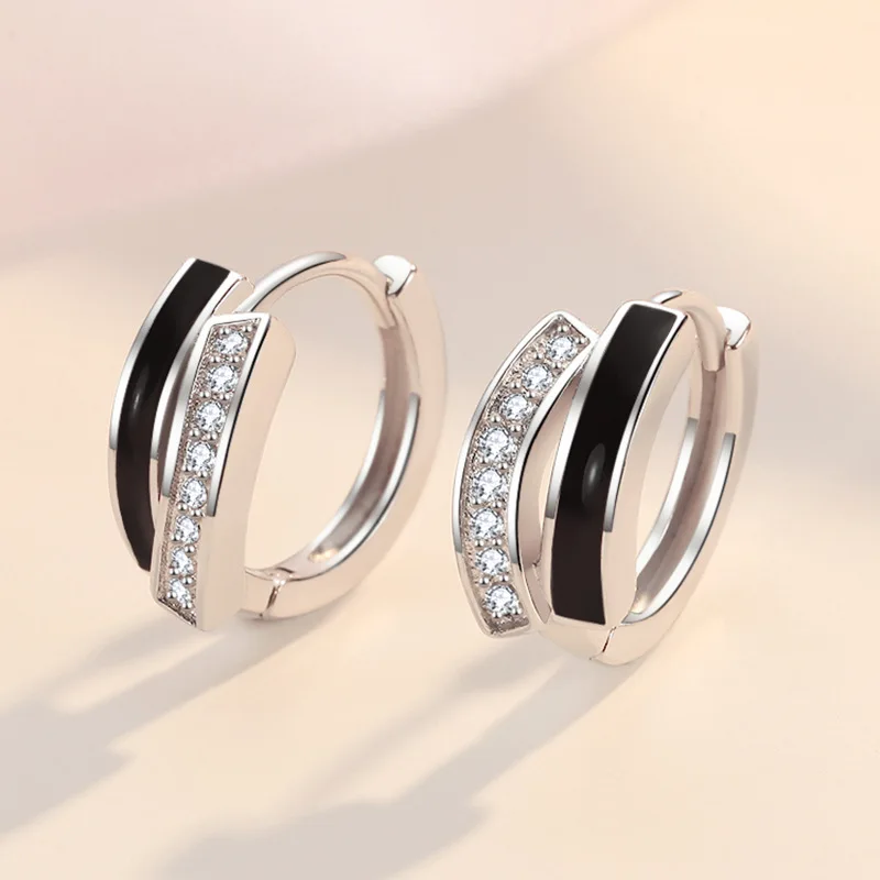 KOFSAC Trendy Black Line Hoop Earrings For Women Chic 925 Sterling Silver Jewelry Personality Zircon Earring Charm Gifts