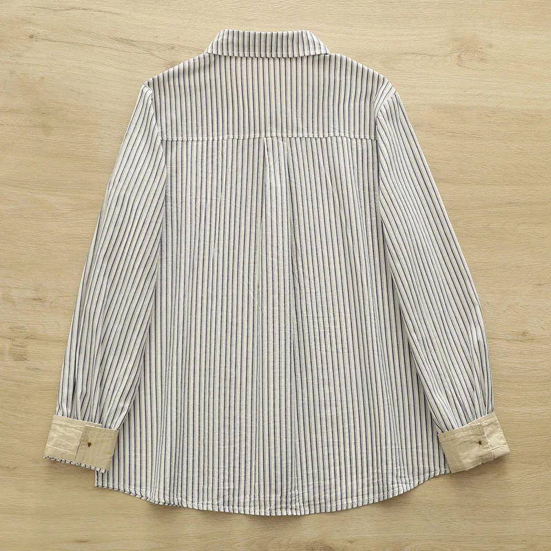 جديد 2025 الخريف قميص قطني بكم طويل ، المرأة التلبيب مخطط جيب غير منتظم ، موري فتاة موضة بلوزة فضفاضة غير رسمية T59850CC #5