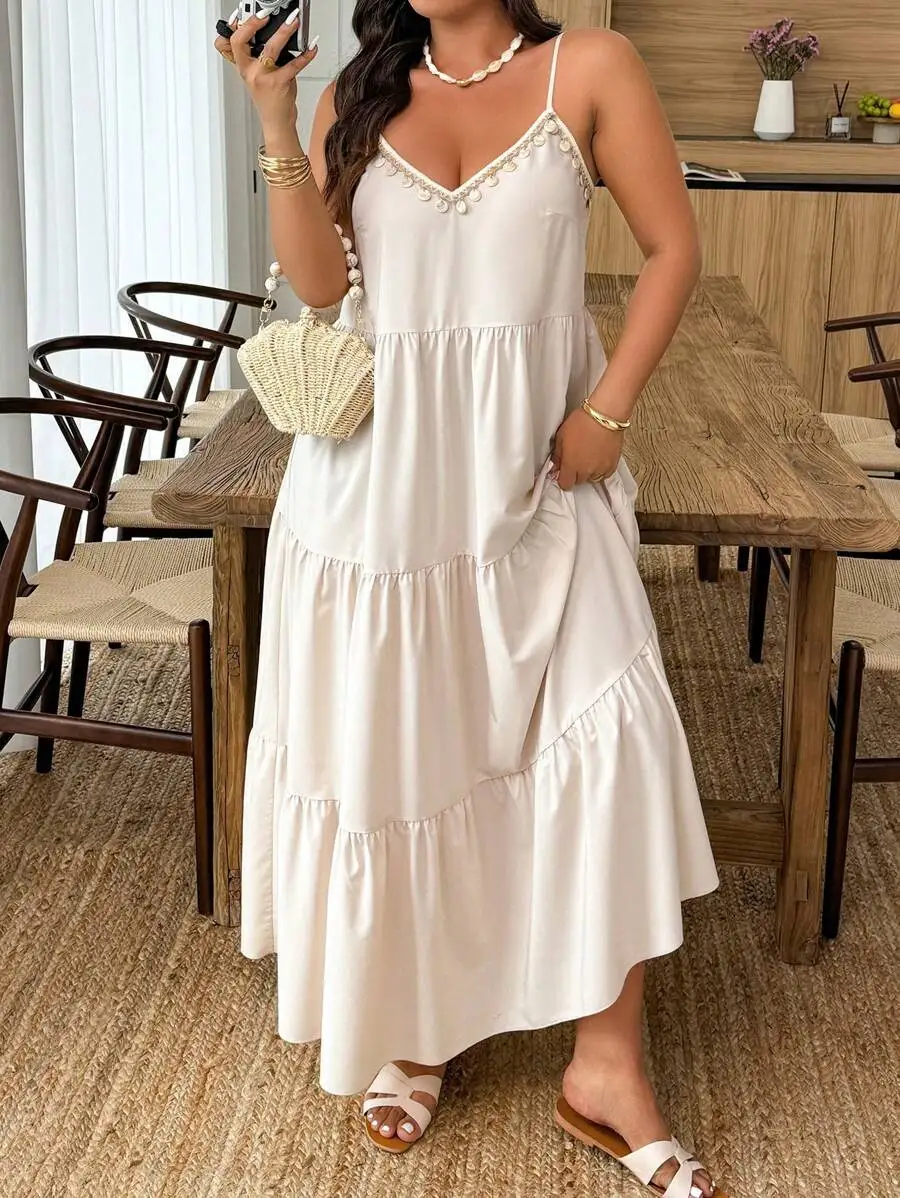 

Cream V-Neck Tiered Maxi Dress with Shell Embellishment, Satin Finish