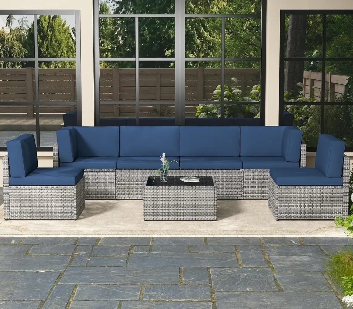 

7-Pieces Patio Furniture Set Outdoor Sectional Sofa Rattan Wicker Sofa
